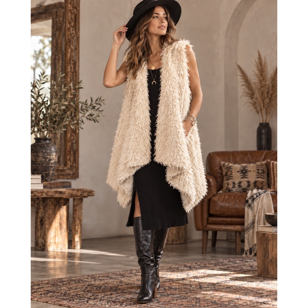 Akira Faux Fur Vest Womens OS Ivory Shaggy Open Front Waterfall Boho Glam
